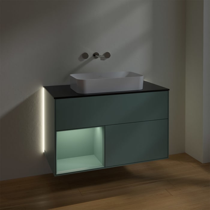 Villeroy & Boch Finion Waschtischunterschrank 100 cm mit Regalelement links und Abdeckplatte, mit Wandbeleuchtung