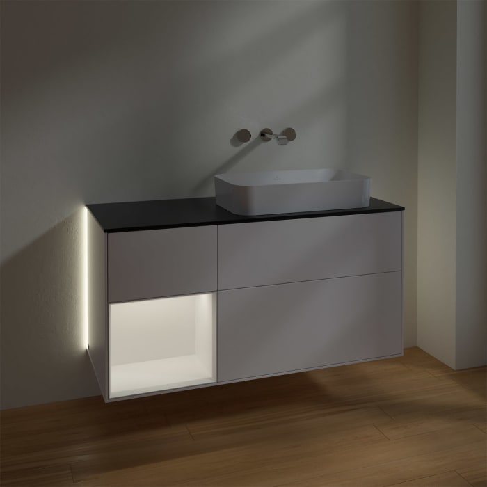 Villeroy & Boch Finion Waschtischunterschrank 120 cm mit Regalelement links und Abdeckplatte, mit Wandbeleuchtung