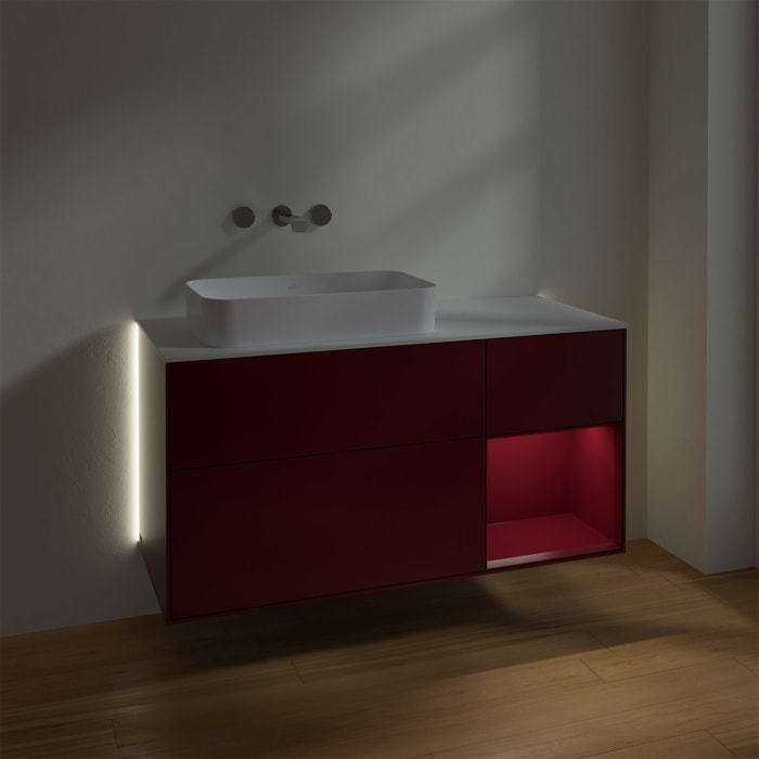 Villeroy & Boch Finion Waschtischunterschrank 120 cm mit Regalelement rechts und Abdeckplatte, mit Wandbeleuchtung