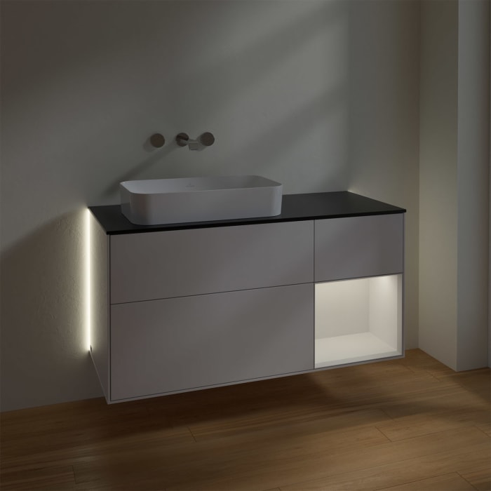 Villeroy & Boch Finion Waschtischunterschrank 120 cm mit Regalelement rechts und Abdeckplatte, mit Wandbeleuchtung