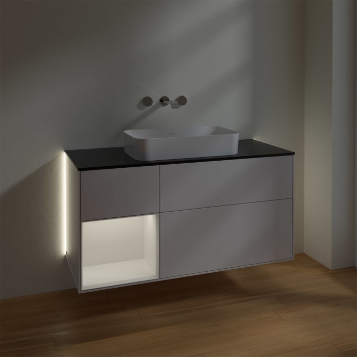 Villeroy & Boch Finion Waschtischunterschrank 120 cm mit Regalelement links und Abdeckplatte, mit Wandbeleuchtung