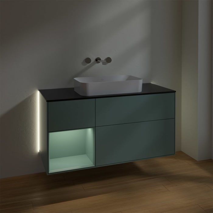 Villeroy & Boch Finion Waschtischunterschrank 120 cm mit Regalelement links und Abdeckplatte, mit Wandbeleuchtung