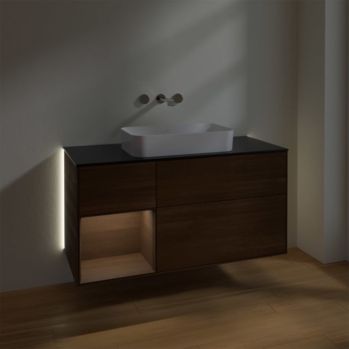 Villeroy & Boch Finion Waschtischunterschrank 120 cm mit Regalelement links und Abdeckplatte, mit Wandbeleuchtung