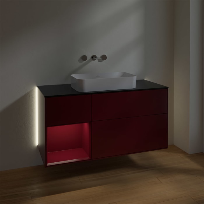 Villeroy & Boch Finion Waschtischunterschrank 120 cm mit Regalelement links und Abdeckplatte, mit Wandbeleuchtung