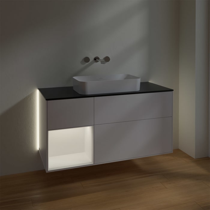 Villeroy & Boch Finion Waschtischunterschrank 120 cm mit Regalelement links und Abdeckplatte, mit Wandbeleuchtung