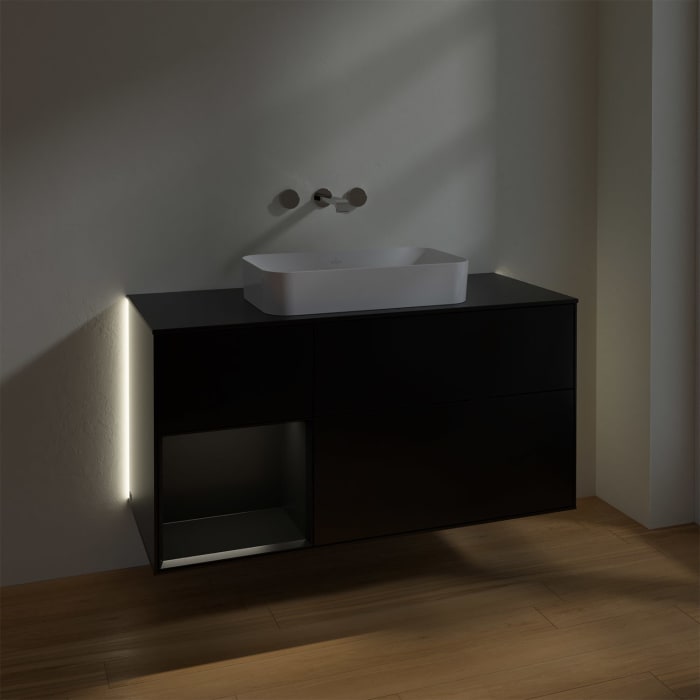 Villeroy & Boch Finion Waschtischunterschrank 120 cm mit Regalelement links und Abdeckplatte, mit Wandbeleuchtung