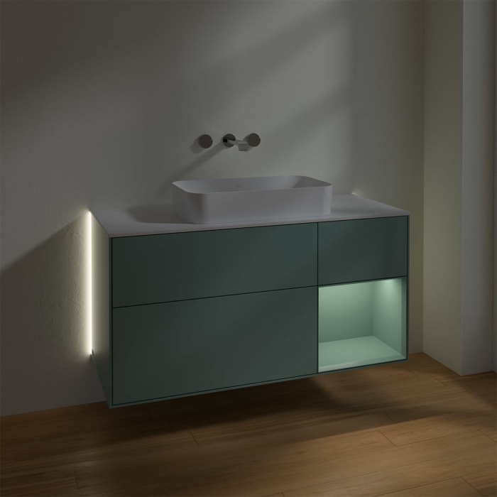 Villeroy & Boch Finion Waschtischunterschrank 120 cm mit Regalelement rechts und Abdeckplatte, mit Wandbeleuchtung