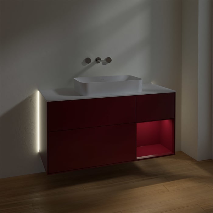 Villeroy & Boch Finion Waschtischunterschrank 120 cm mit Regalelement rechts und Abdeckplatte, mit Wandbeleuchtung