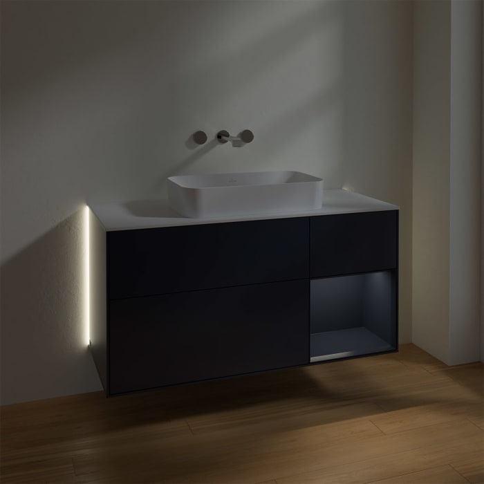 Villeroy & Boch Finion Waschtischunterschrank 120 cm mit Regalelement rechts und Abdeckplatte, mit Wandbeleuchtung