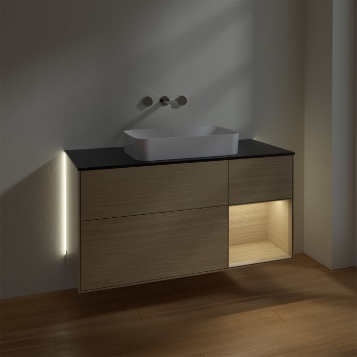 Villeroy & Boch Finion Waschtischunterschrank 120 cm mit Regalelement rechts und Abdeckplatte, mit Wandbeleuchtung