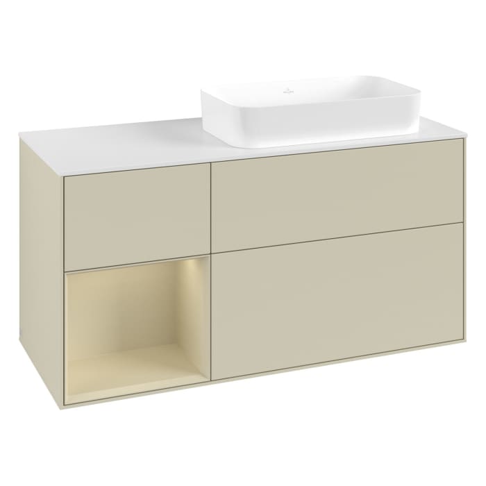 Villeroy & Boch Finion Waschtischunterschrank 120 cm mit Regalelement links und Abdeckplatte, mit Wandbeleuchtung