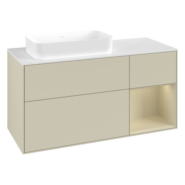Villeroy & Boch Finion Waschtischunterschrank 120 cm mit Regalelement rechts und Abdeckplatte, mit Wandbeleuchtung