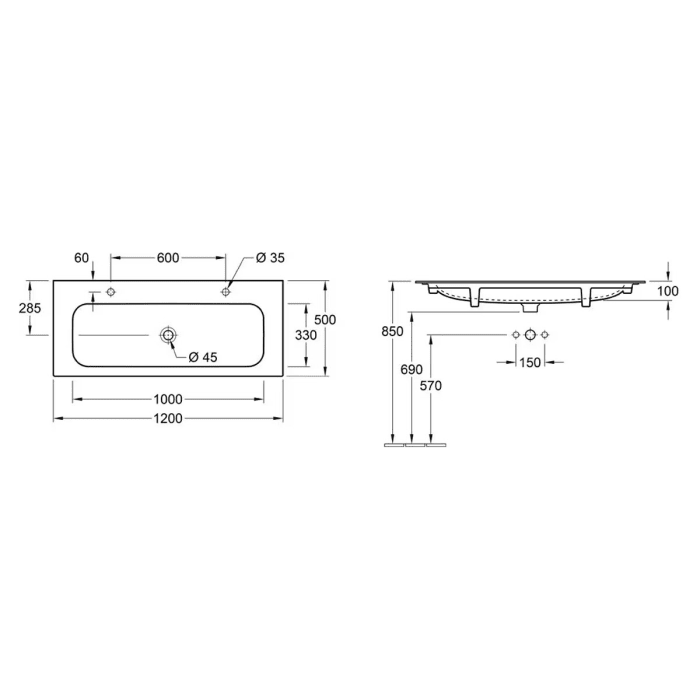 Villeroy & Boch Finion Schrankwaschtisch 120 cm mi 2 Hahnlöcher, ohne Überlauf