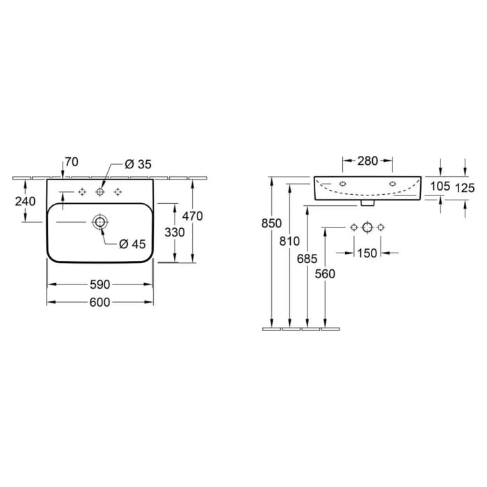 Villeroy & Boch Finion Waschtisch 60 cm mit 1 Hahnloch, ohne Überlauf
