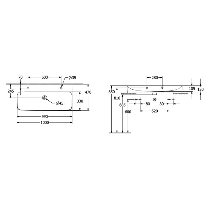 Villeroy & Boch Finion Waschtisch 100 cm mit 2 Hahnlöcher, ohne Überlauf