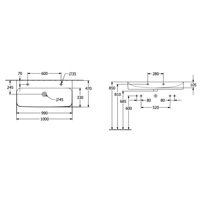 Villeroy & Boch Finion Waschtisch 100 cm mit 2 Hahnlöcher, ohne Überlauf