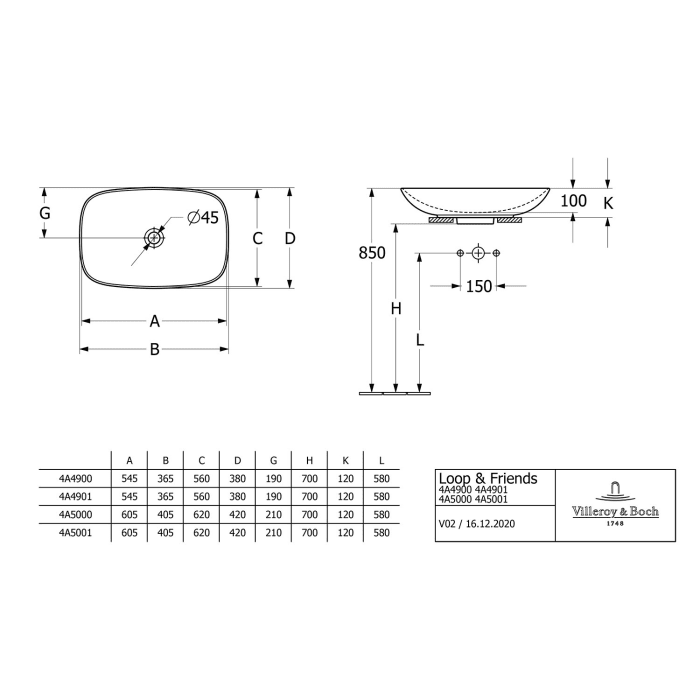 Villeroy & Boch Loop & Friends Aufsatzwaschtisch 62 x 42 cm ohne Überlauf