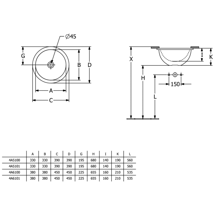 Villeroy & Boch Loop & Friends Unterbauwaschbecken rund Ø 45 cm, mit Überlauf