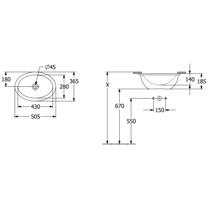 Villeroy & Boch Loop & Friends Unterbauwaschbecken oval 50,5 x 36 cm, ohne Überlauf