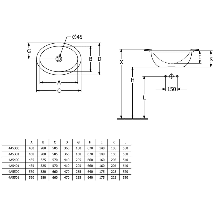 Villeroy & Boch Loop & Friends Unterbauwaschbecken oval 57 x 41 cm, ohne Überlauf