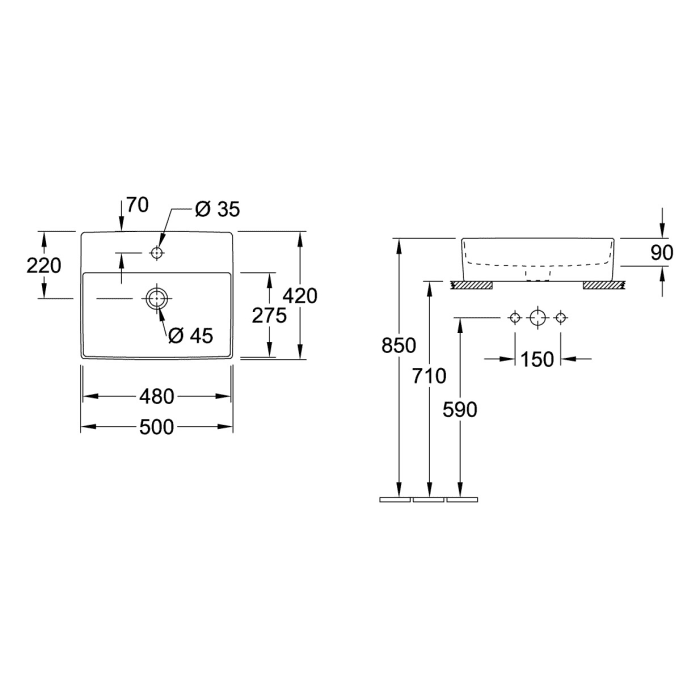 Villeroy & Boch Memento 2.0 Aufsatzwaschtisch 49,8 cm ohne Hahnloch, mit Überlauf