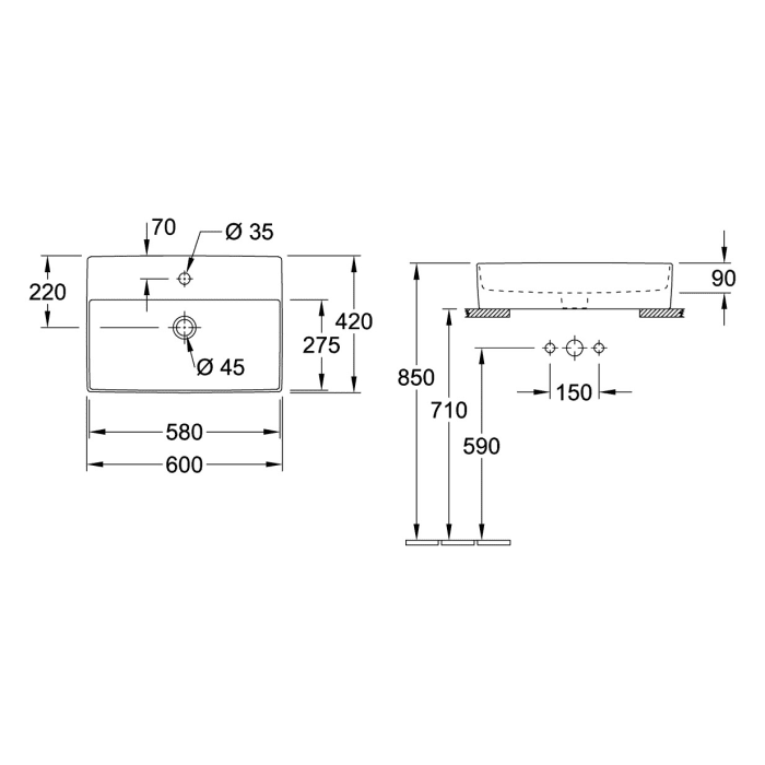 Villeroy & Boch Memento 2.0 Aufsatzwaschtisch 60 cm ohne Hahnloch, ohne Überlauf