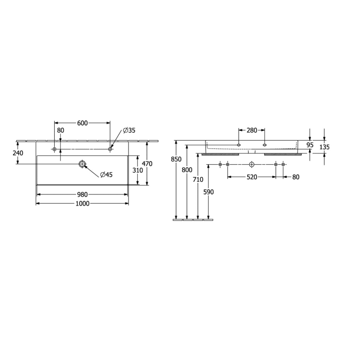 Villeroy & Boch Memento 2.0 Waschtisch 100 cm mit 2 Hahnlöchern, mit Überlauf