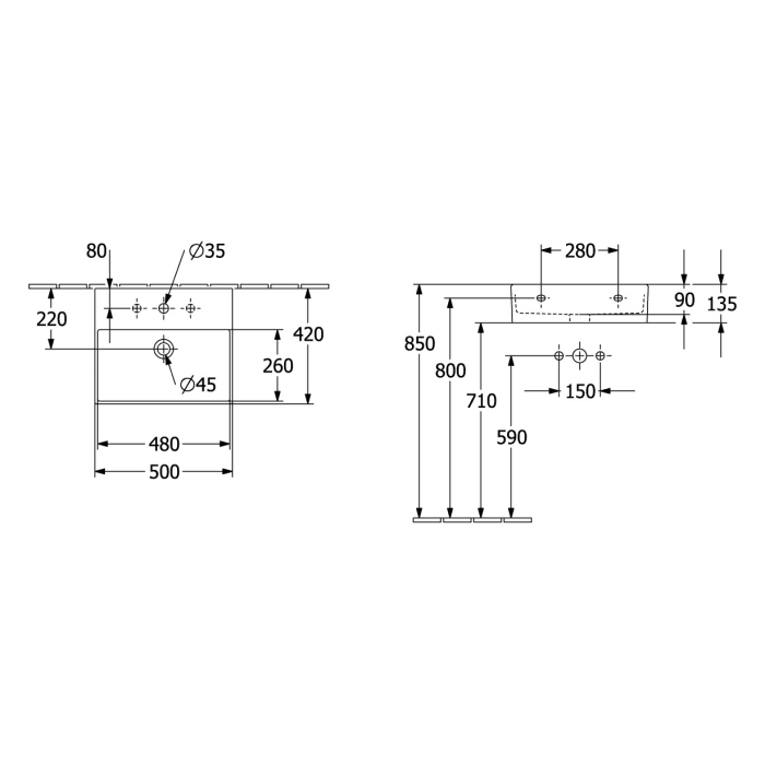 Villeroy & Boch Memento 2.0 Waschtisch 50 cm ohne Hahnloch, mit Überlauf