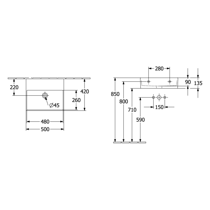 Villeroy & Boch Memento 2.0 Waschtisch 50 cm ohne Hahnloch, ohne Überlauf