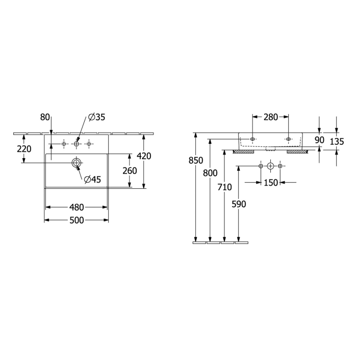 Villeroy & Boch Memento 2.0 Waschtisch 50 cm mit Hahnloch, mit Überlauf