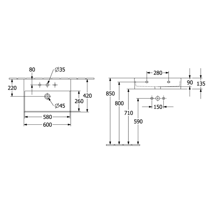 Villeroy & Boch Memento 2.0 Waschtisch 60 cm ohne Hahnloch, mit Überlauf