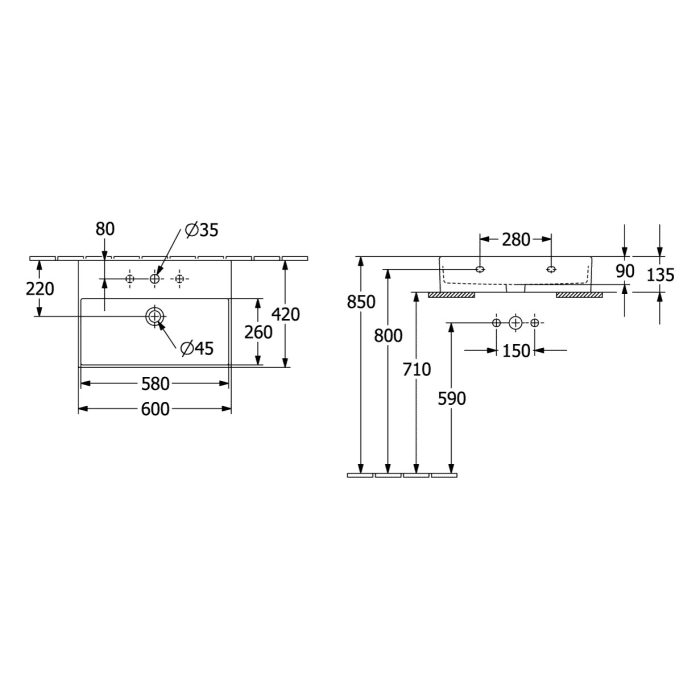 Villeroy & Boch Memento 2.0 Waschtisch 60 cm ohne Hahnloch, mit Überlauf