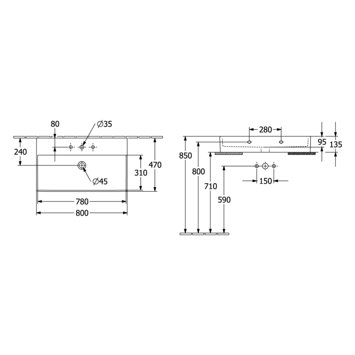 Villeroy & Boch Memento 2.0 Waschtisch 80 cm ohne Hahnloch, mit Überlauf