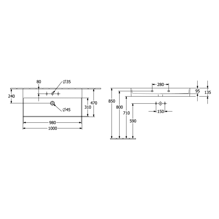Villeroy & Boch Memento 2.0 Waschtisch 100 cm ohne Hahnloch, mit Überlauf