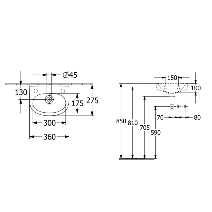 Villeroy & Boch O.novo Handwaschbecken 36 x 27,5 cm, mit Überlauf und Hahnloch links
