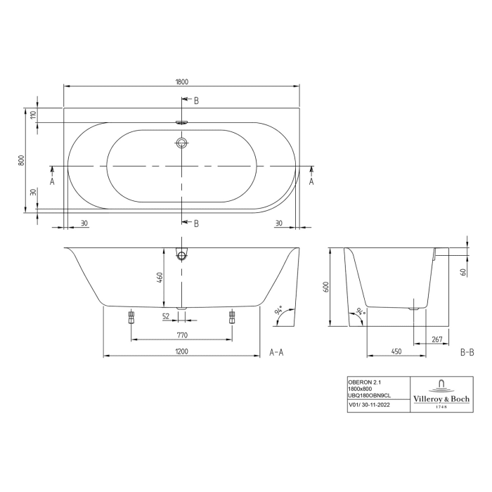 Villeroy & Boch Oberon 2.1 Vorwand-Badewanne für Eckeinbau links, 180 x 80 cm