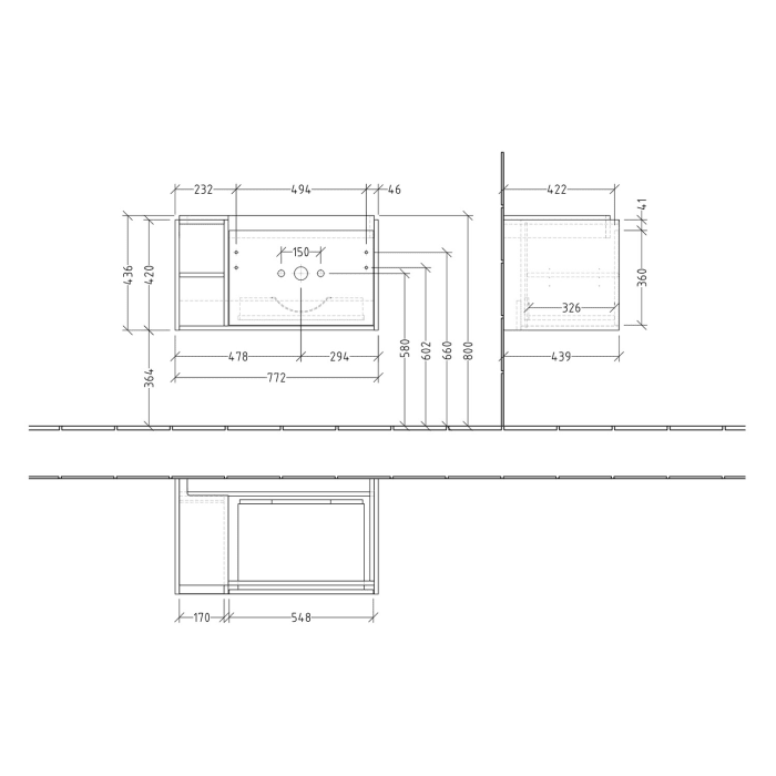 Villeroy & Boch Skyla Waschtischunterschrank 77,2 x 43,6 cm, 1 Auszug, Stauraum links