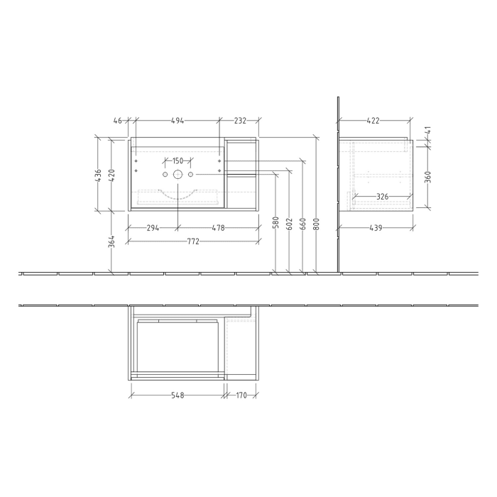 Villeroy & Boch Skyla Waschtischunterschrank 77,2 x 43,6 cm, 1 Auszug, Stauraum rechts