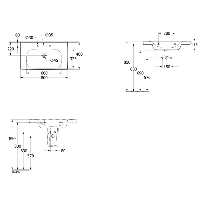 Villeroy & Boch Skyla Schrankwaschtisch 80 x 46 cm, mit Überlauf