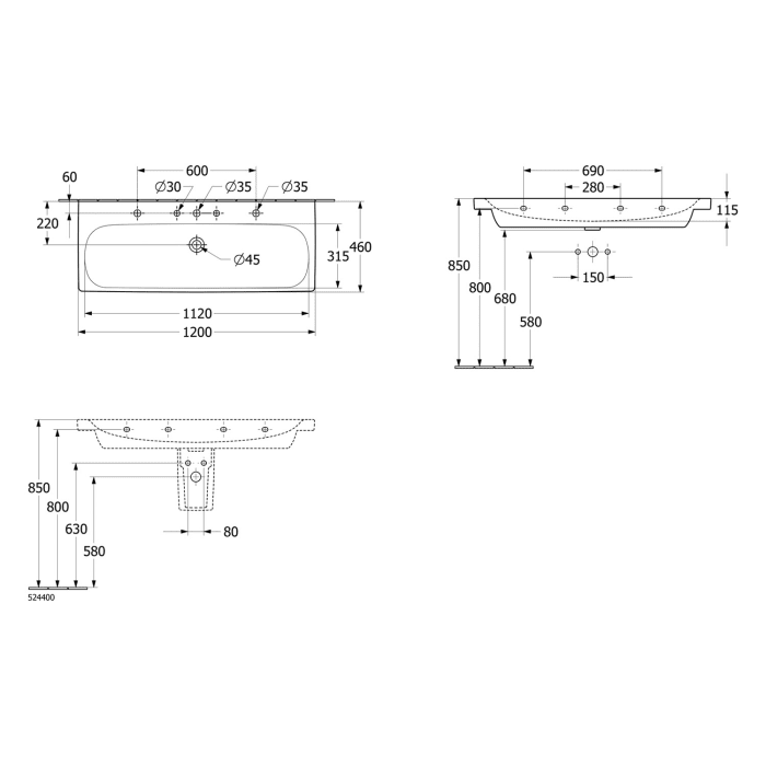 Villeroy & Boch Skyla Schrankwaschtisch 120 x 46 cm, mit Überlauf