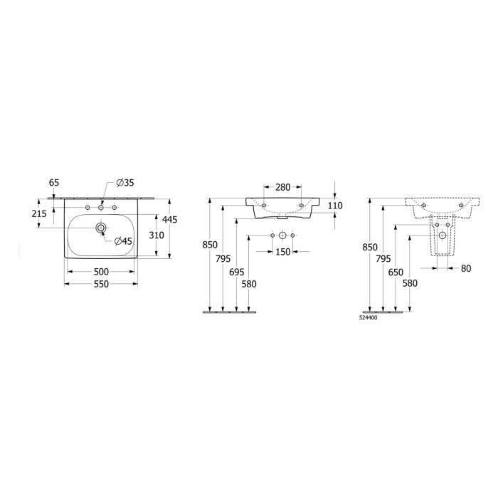 Villeroy & Boch Skyla Waschbecken 55 x 44,5 cm, ohne Überlauf