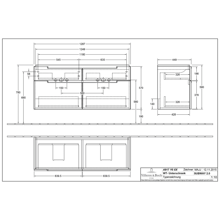 Villeroy & Boch Subway 2.0 Waschtischunterschrank XXL 128,7 cm, Griffe chromfarbig glänzend, 4 Auszüge