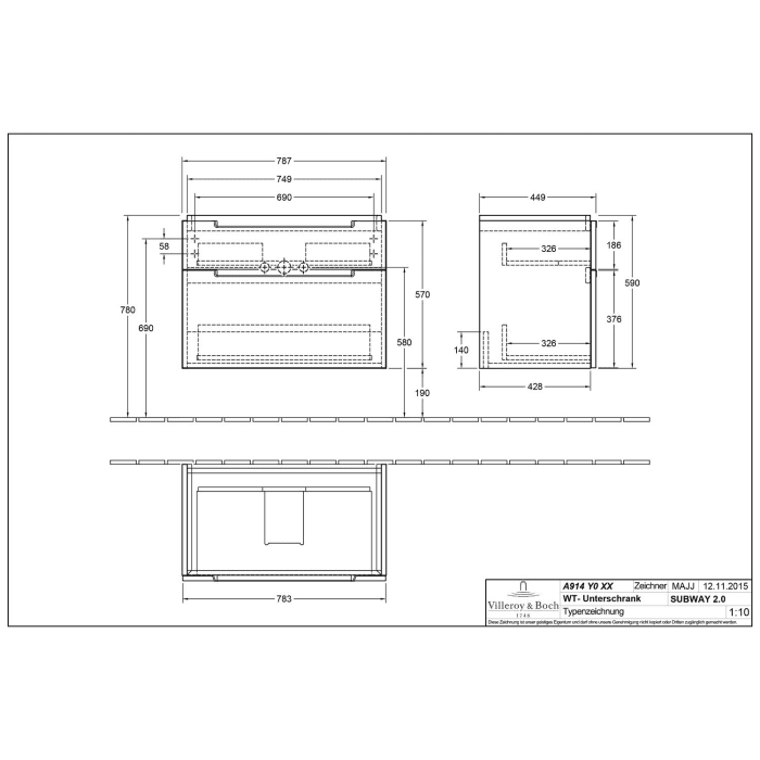 Villeroy & Boch Subway 2.0 Waschtischunterschrank XXL 78,7 cm, Griffe chromfarbig glänzend, 2 Auszüge