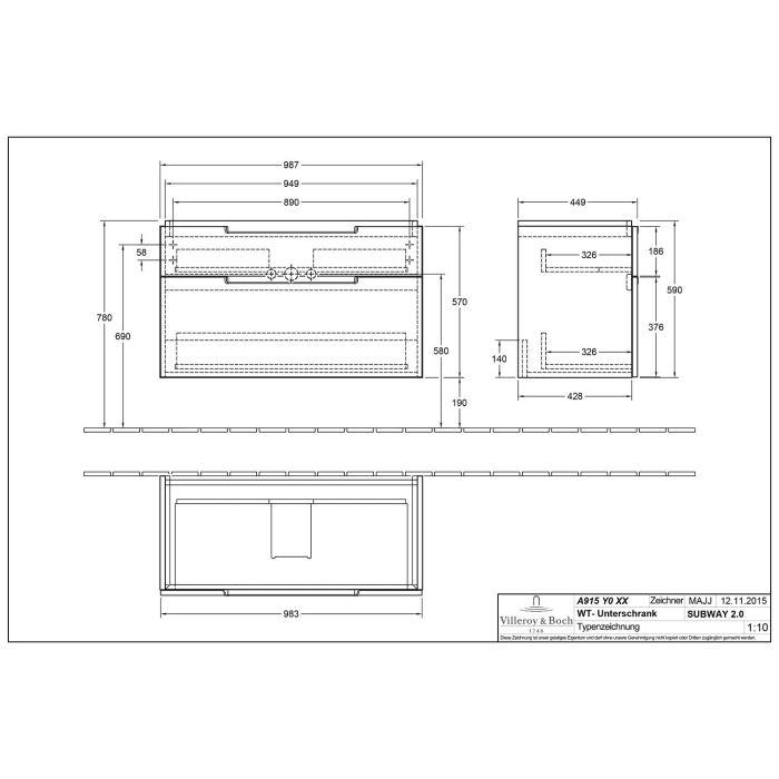 Villeroy & Boch Subway 2.0 Waschtischunterschrank XXL 98,7 cm, Griffe chromfarbig glänzend, 2 Auszüge