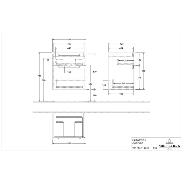 Villeroy & Boch Subway 2.0 Waschtischunterschrank XXL 53,7 cm, Griffe chromfarbig glänzend, 2 Auszüge
