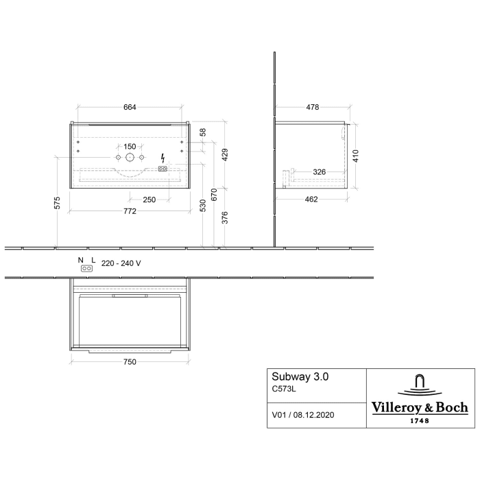 Villeroy & Boch Subway 3.0 Badmöbel-Set 80 cm mit Beleuchtung, 1 Auszug