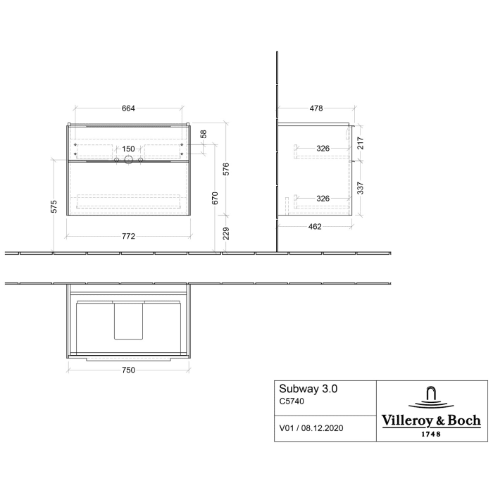 Villeroy & Boch Subway 3.0 Badmöbel-Set 80 cm, Griff volcano black, 2 Auszüge