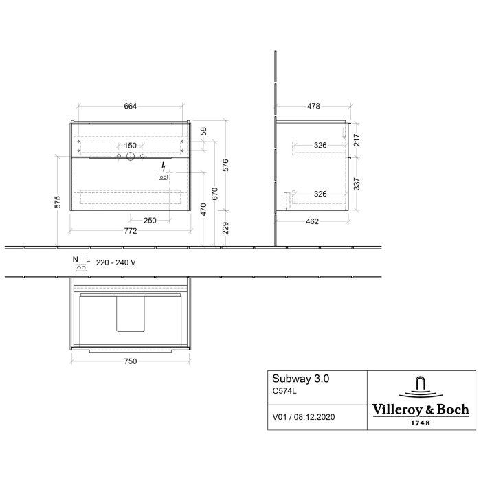 Villeroy & Boch Subway 3.0 Badmöbel-Set 80 cm mit Beleuchtung, Griff in Möbelfarbe, 2 Auszüge