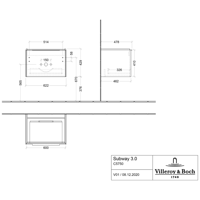 Villeroy & Boch Subway 3.0 Badmöbel-Set 65 cm, Griff in Möbelfarbe, 1 Auszug