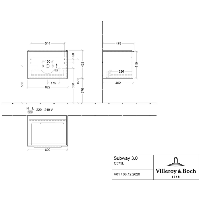 Villeroy & Boch Subway 3.0 Badmöbel-Set 65 cm mit Beleuchtung, Griff in Möbelfarbe, 1 Auszug